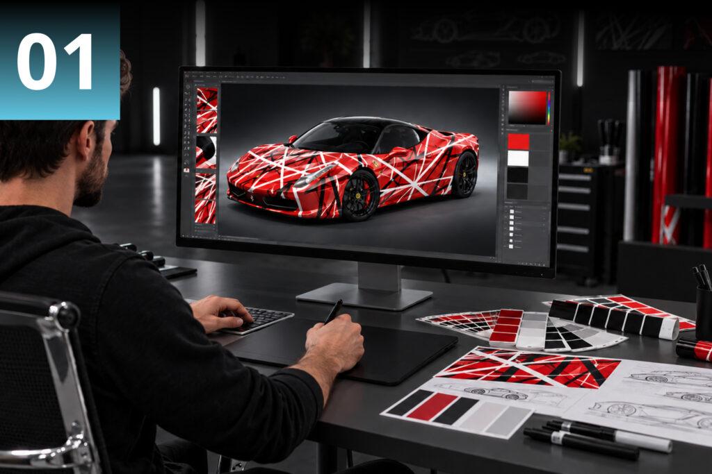 Custom car wrap designer creating a red, white, and black vehicle graphic