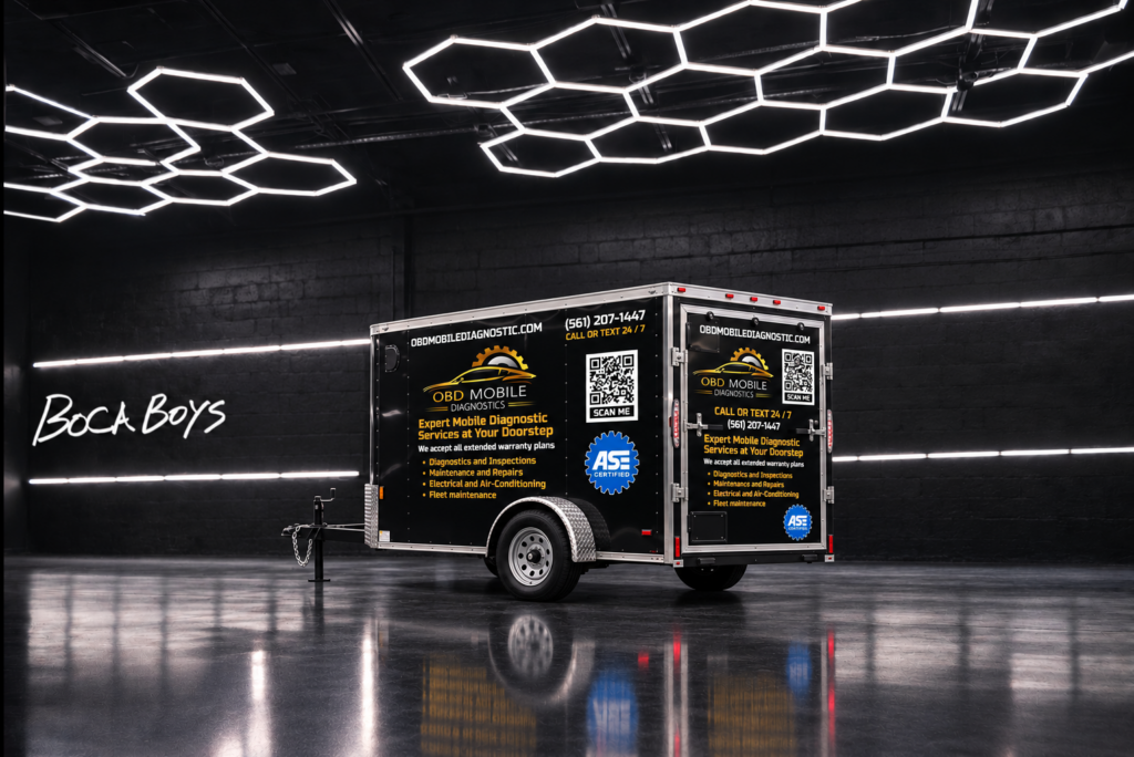 OBD Mobile Diagnostics trailer with custom commercial wrap by Boca Boys