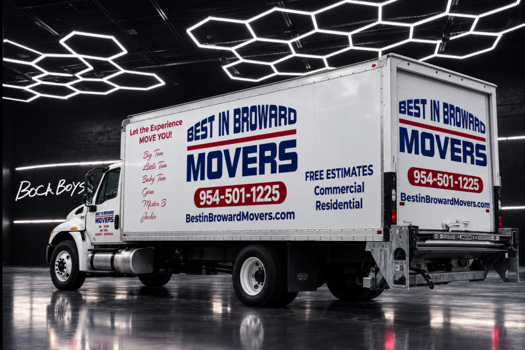 Best in Broward Movers box truck with custom commercial graphics by Boca Boys